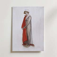 Carl Larsson Rouge et noir Thielska Poster by Bozetto har en inramad teckning i nordisk stil av en kvinna i skir klänning med röd sjal och vit mössa, händerna knäppta, mot en ljus bakgrund.