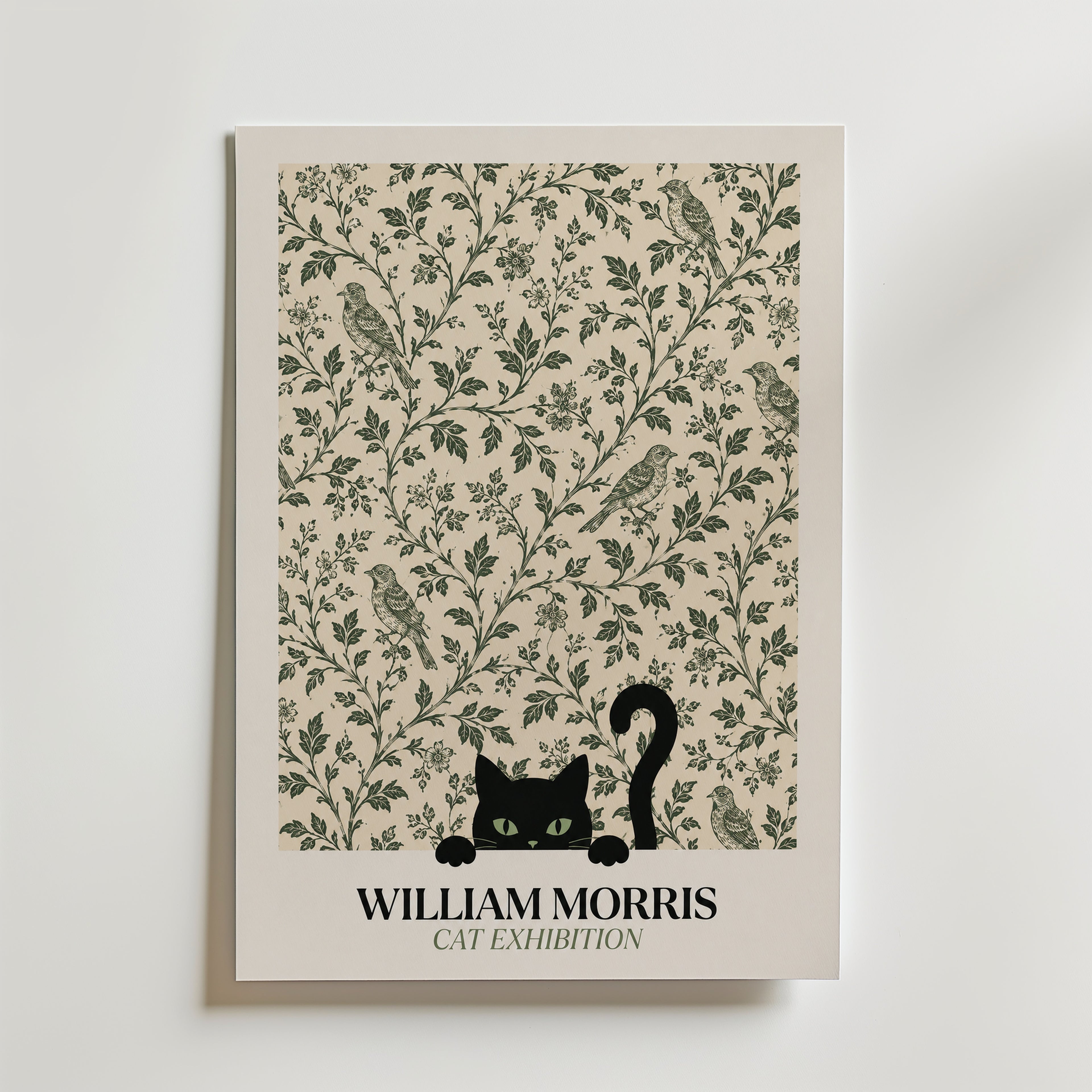 Cat Among the Birds William Morris Poster – svart katt kikar nyfiket fram ur William Morris fågelmönster