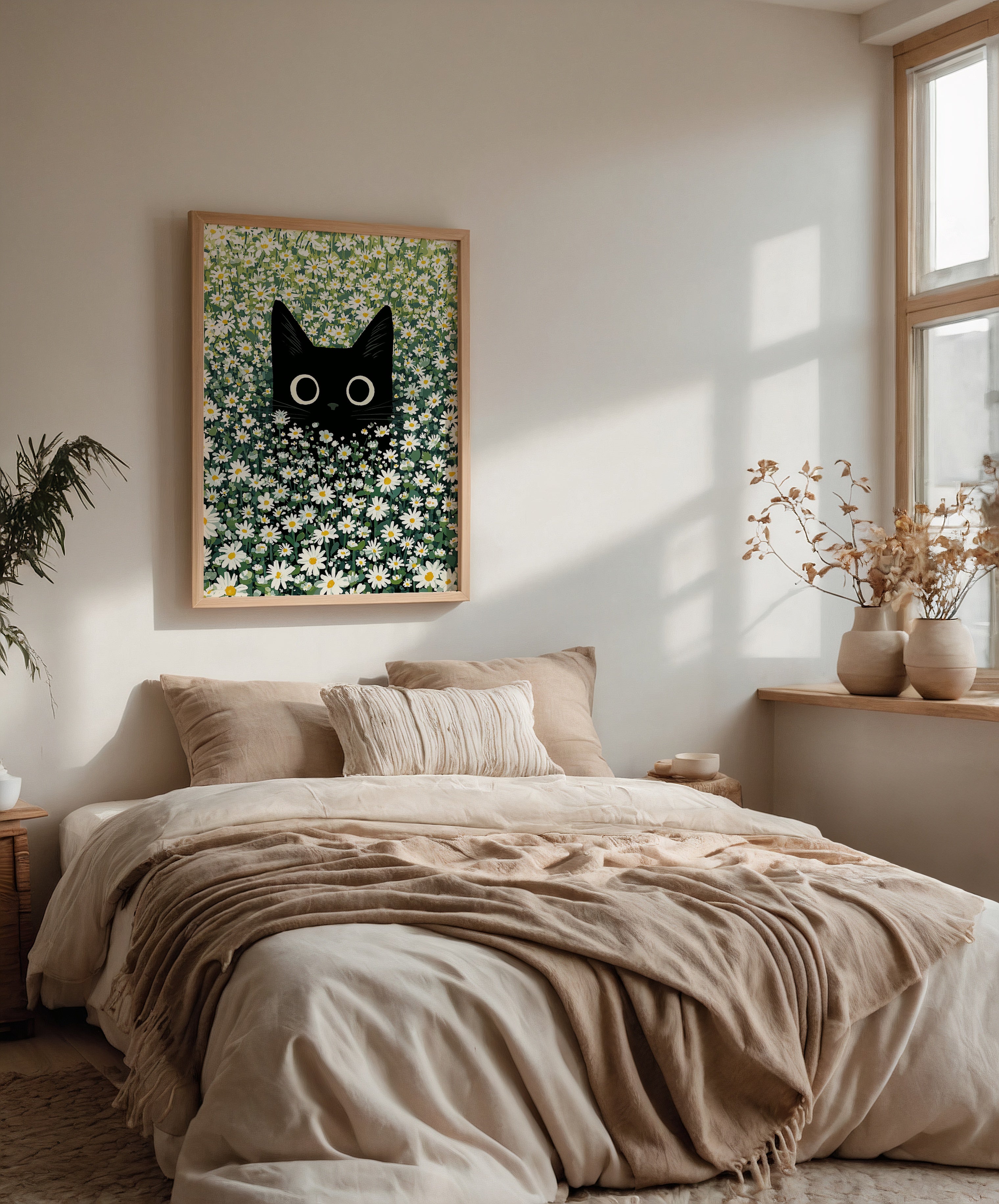 Cat in Green Grass Poster – svart katt bland vita prästkragar ovanför soffan i hemmiljö, konsttryck från Bozetto