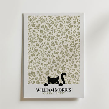 Cat in the Bramble William Morris Poster – svart katt bland William Morris björnbärsmönster i salviagrön