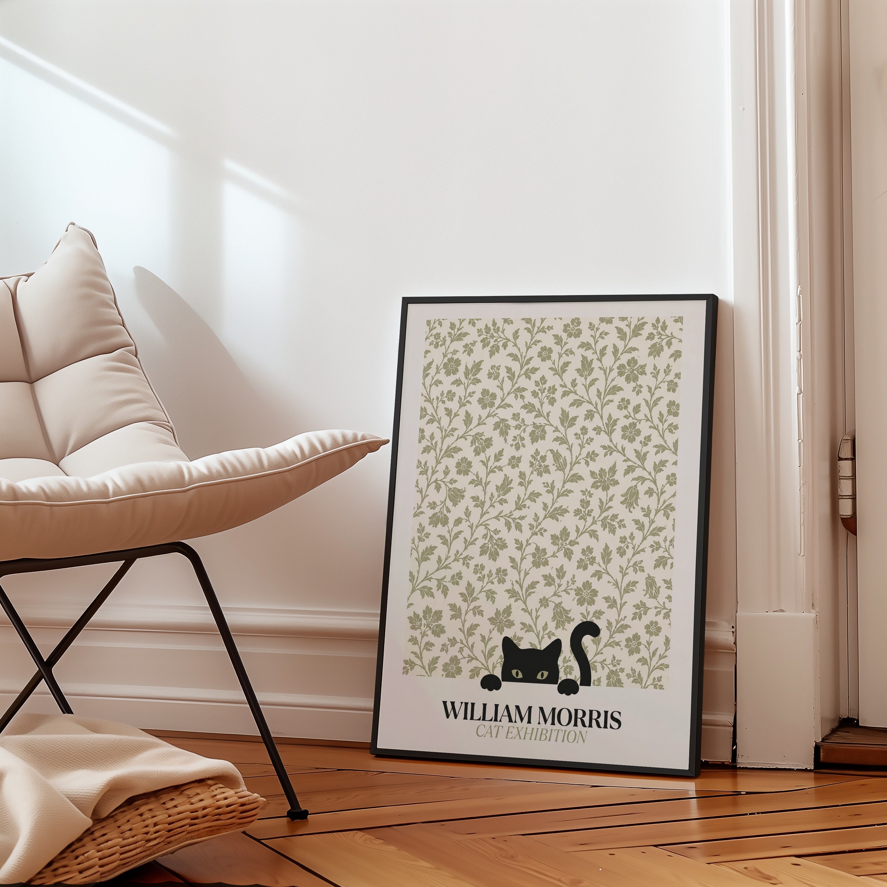Cat in the Bramble William Morris Poster – svart katt bland William Morris björnbärsmönster i salviagrön