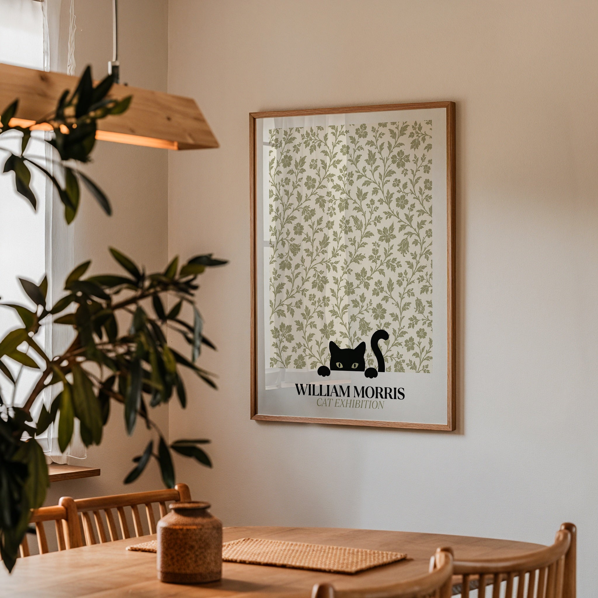 Cat in the Bramble William Morris Poster – svart katt bland William Morris björnbärsmönster i salviagrön