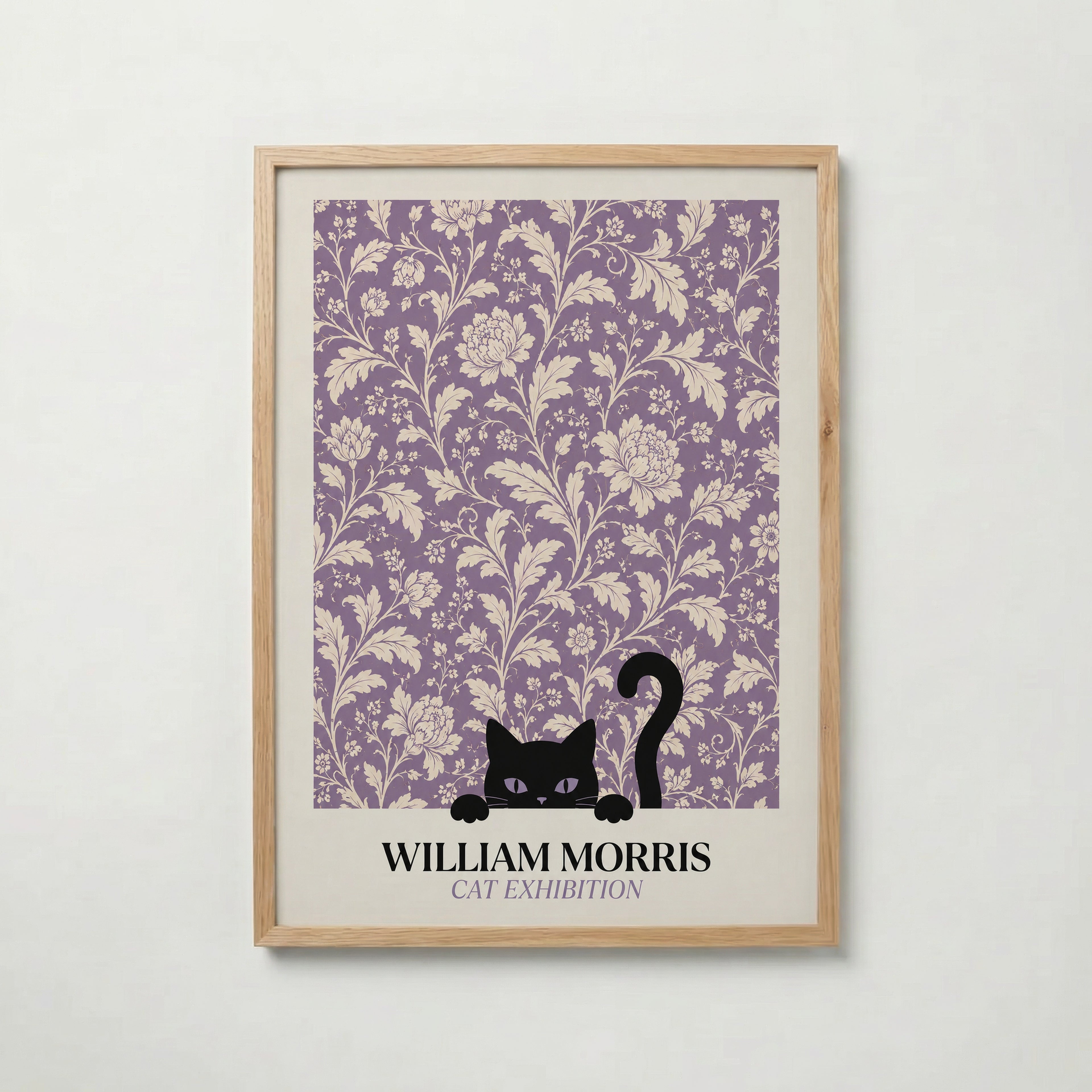 Cat in the Peony William Morris Poster – svart katt bland William Morris pionmönster i lavendelton