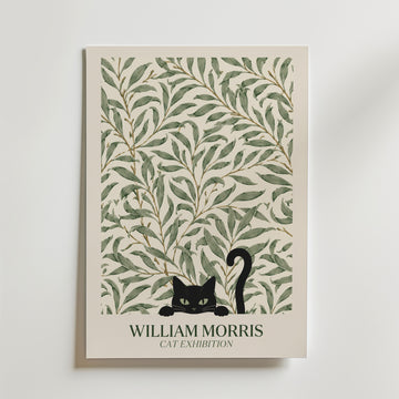 Cat in the Willow Bough William Morris Poster – svart katt i William Morris pilkvistmönster i kräm och grönt
