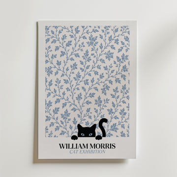 Cat in the Willow William Morris Poster – svart katt i William Morris minimalistiska pilmönster i blågrått