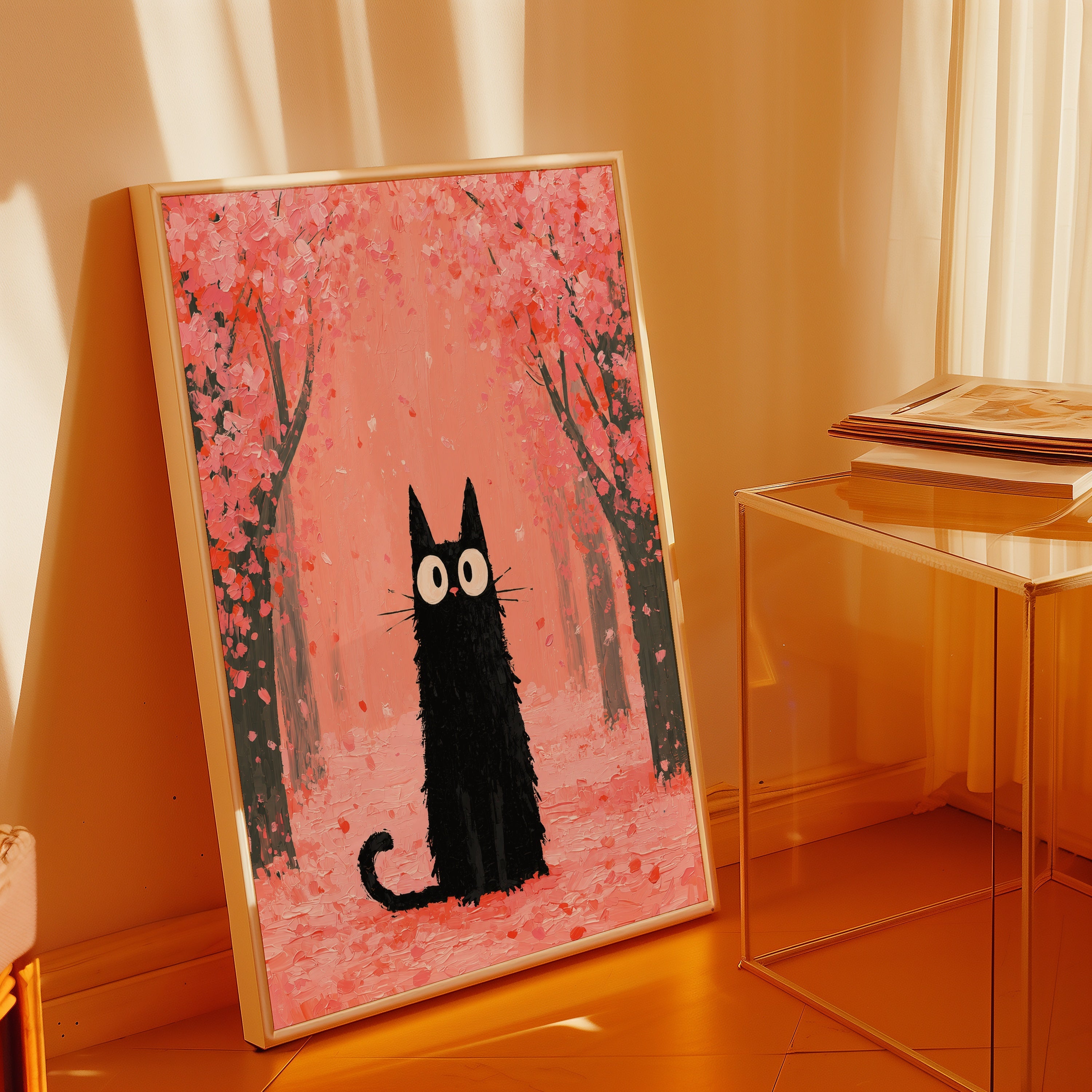 Cat in Cherry Blossom poster inramad pa vagg