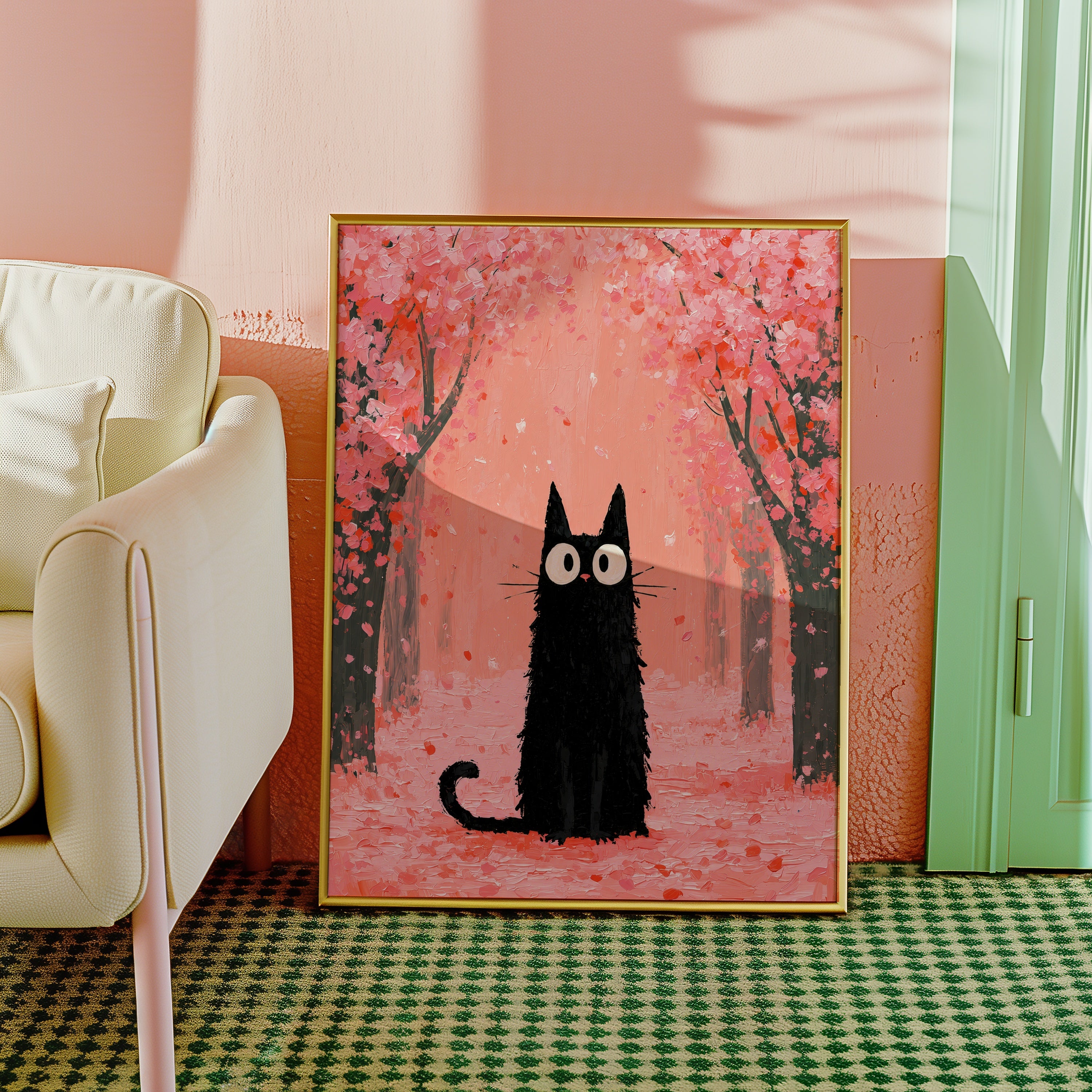Cat in Cherry Blossom poster i ram i stilren inredning