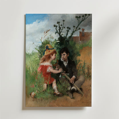 Carl Larsson Clair Obscur Poster by Bozetto föreställer en ung flicka i rött som ger en pinne till en sittande pojke bland vildblommor och högt gräs, med en blå himmel och hus, tryckt på FSC-certifierat premiumpapper för bästa kvalitet.