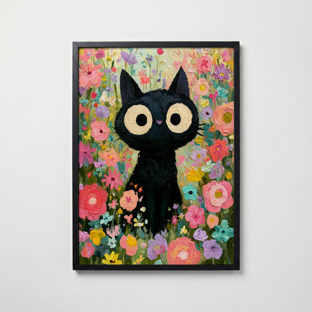 Colorful Cat in Bloom Poster – svart katt i färgsprakande blomhav i svart ram, tryckt i Sverige