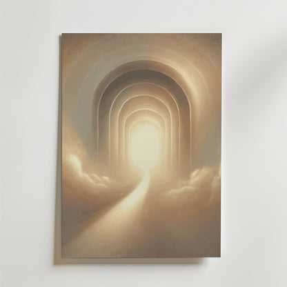 Echoes of Light Poster by Bozetto: En glödande tunnel med välvda tak och mjuka moln, printad på premiumpapper med matt yta. Ljus strömmar från tunnelns ände och skapar en lugn, eterisk stämning.