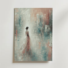A Fragile Memory No.2 Poster by Bozetto föreställer en kvinna i en blommig klänning med ryggen vänd mot en mjuk, drömsk abstrakt bakgrund i blått, rosa och vitt, vackert tryckt på premiumpapper.
