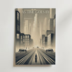 Bozetto As Time Goes By No.2 Poster visar en ensam figur på en vintage stadsgata med bilar och skyskrapor, tryckt på premiumpapper med en lyxig matt yta för en elegant och tidlös Art Deco look.