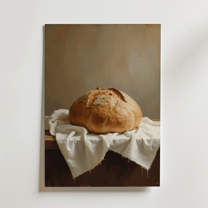 Sourdough Bread Loaf Poster by Bozetto visar ett rustikt bröd på ett träbord med en vit duk, mjukt upplyst mot en neutral bakgrund - tryckt på premiumpapper för en elegant finish.