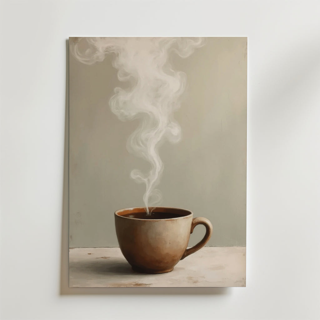 Bozetto Hot Coffee No.2 Poster visar en målad ångande kopp på en ljus yta med en mjukt grå bakgrund, tryckt på premiumpapper och fångar virvlande ångstrimmor i elegant detalj.