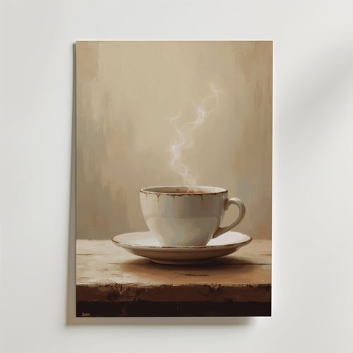 Bozetto Hot Coffee Poster föreställer en rykande kopp kaffe på ett träbord mot en mjuk beige bakgrund, tryckt på premiumpapper som ger en varm och inbjudande touch till alla rum.