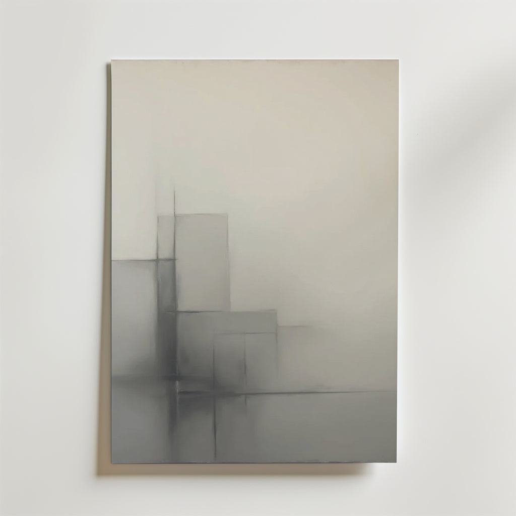 The Whispers of Structure Poster by Bozetto är ett minimalistiskt abstrakt print på premiumpapper med mjuka grå geometriska former och linjer på en neutral bakgrund med en subtil gradient och en lyxig matt yta.