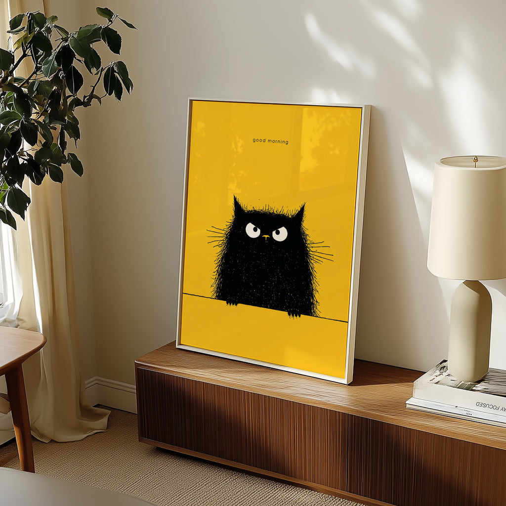 Good Morning poster i vit ram pa byra i ljust vardagsrum