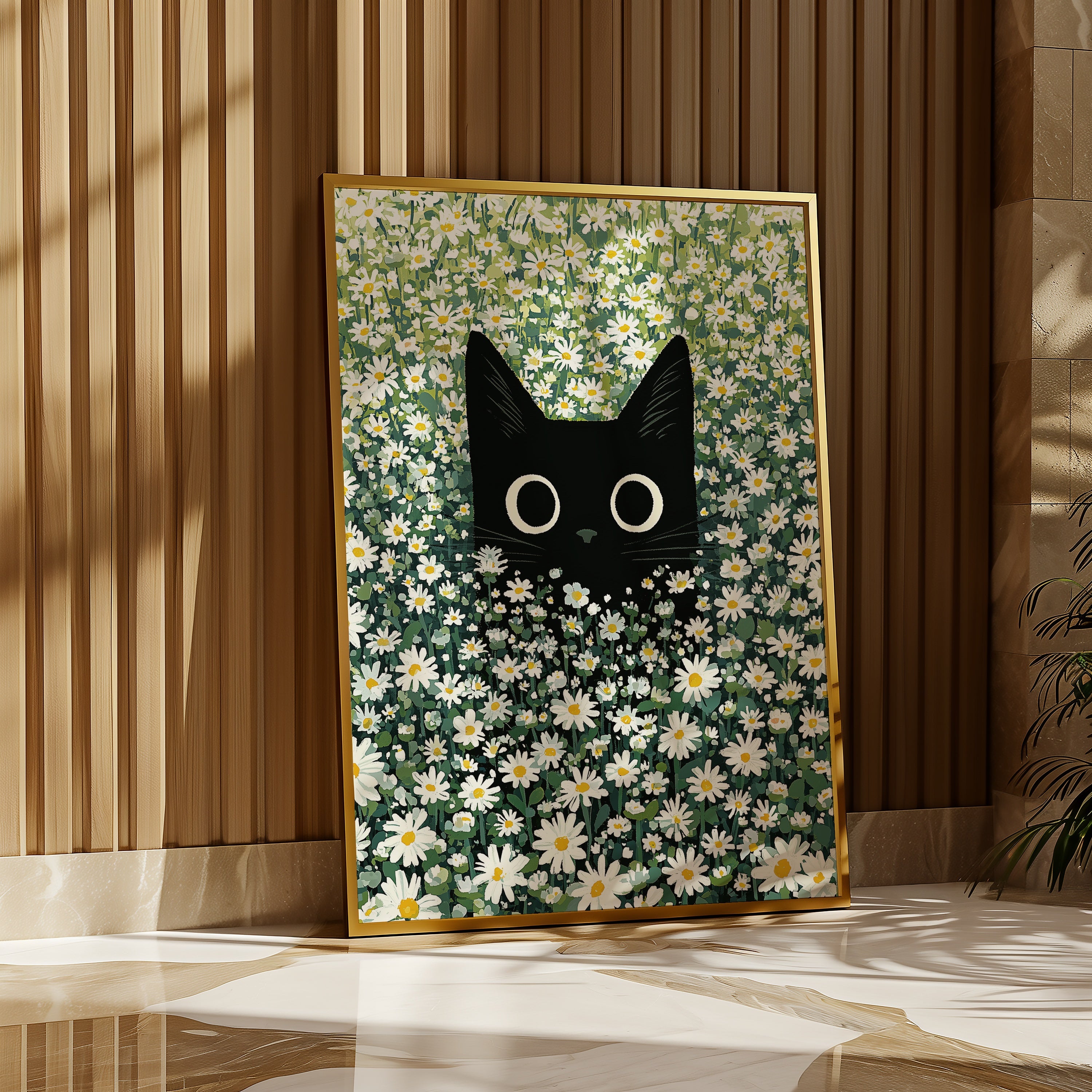 Cat in Green Grass poster inramad pa vagg i ljust rum