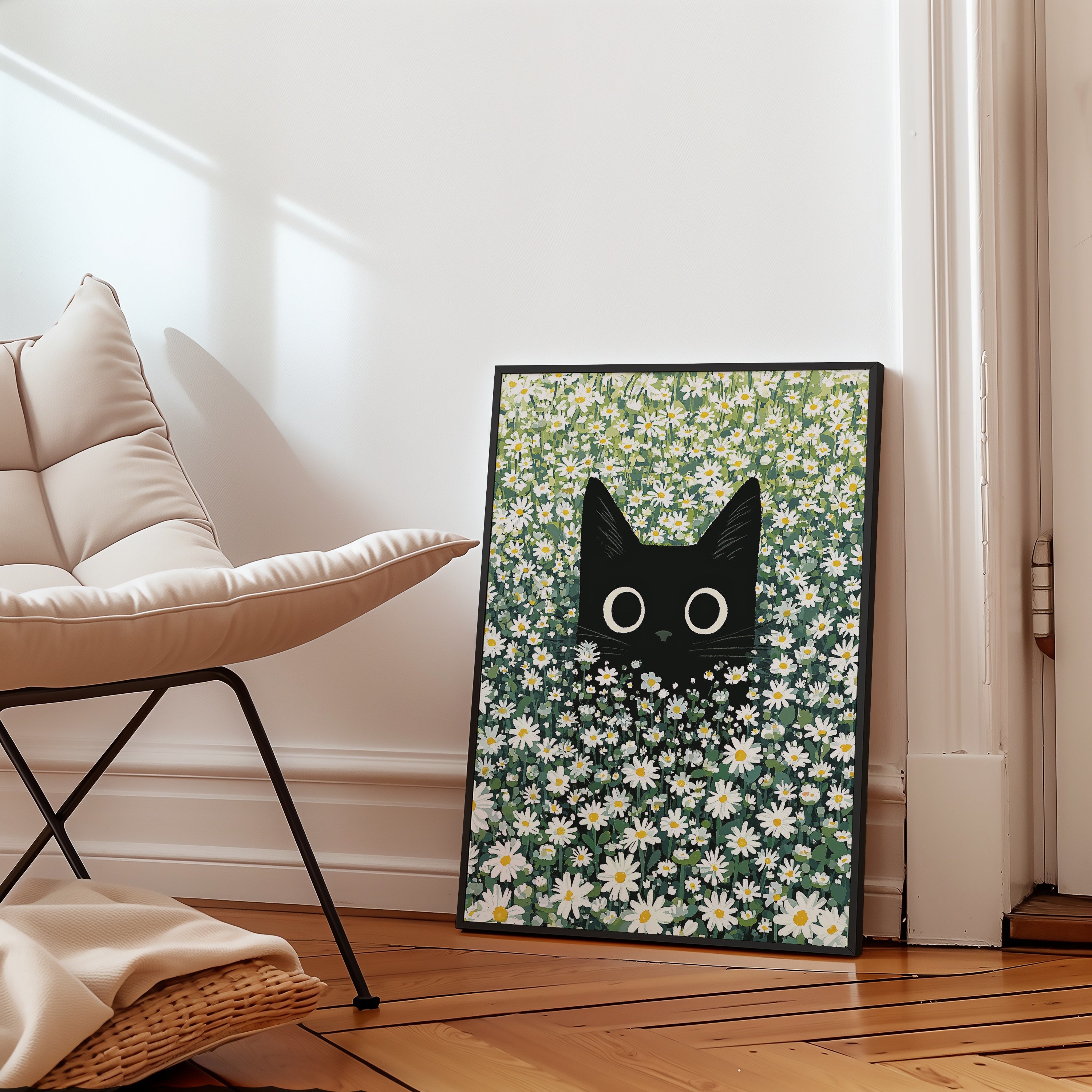 Cat in Green Grass poster i vit ram i hemmiljo