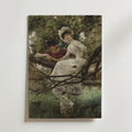 En man i randigt och en kvinna i vit klänning sitter på en trädgren bland frodiga bladverk - en idyllisk scen från Bozetto Carl Larsson Idyll Poster, perfekt för elegant inredning.