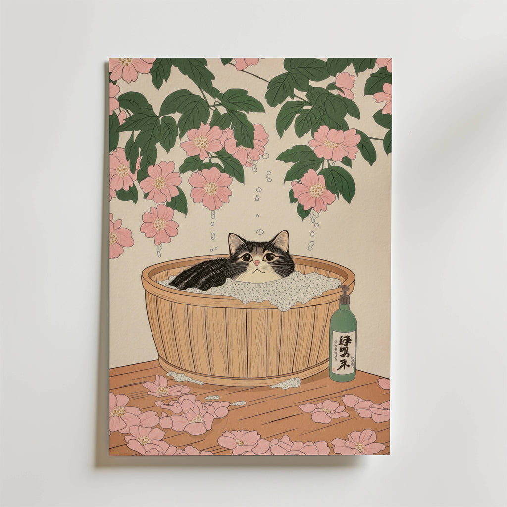 Cat In Sakura Bath Poster