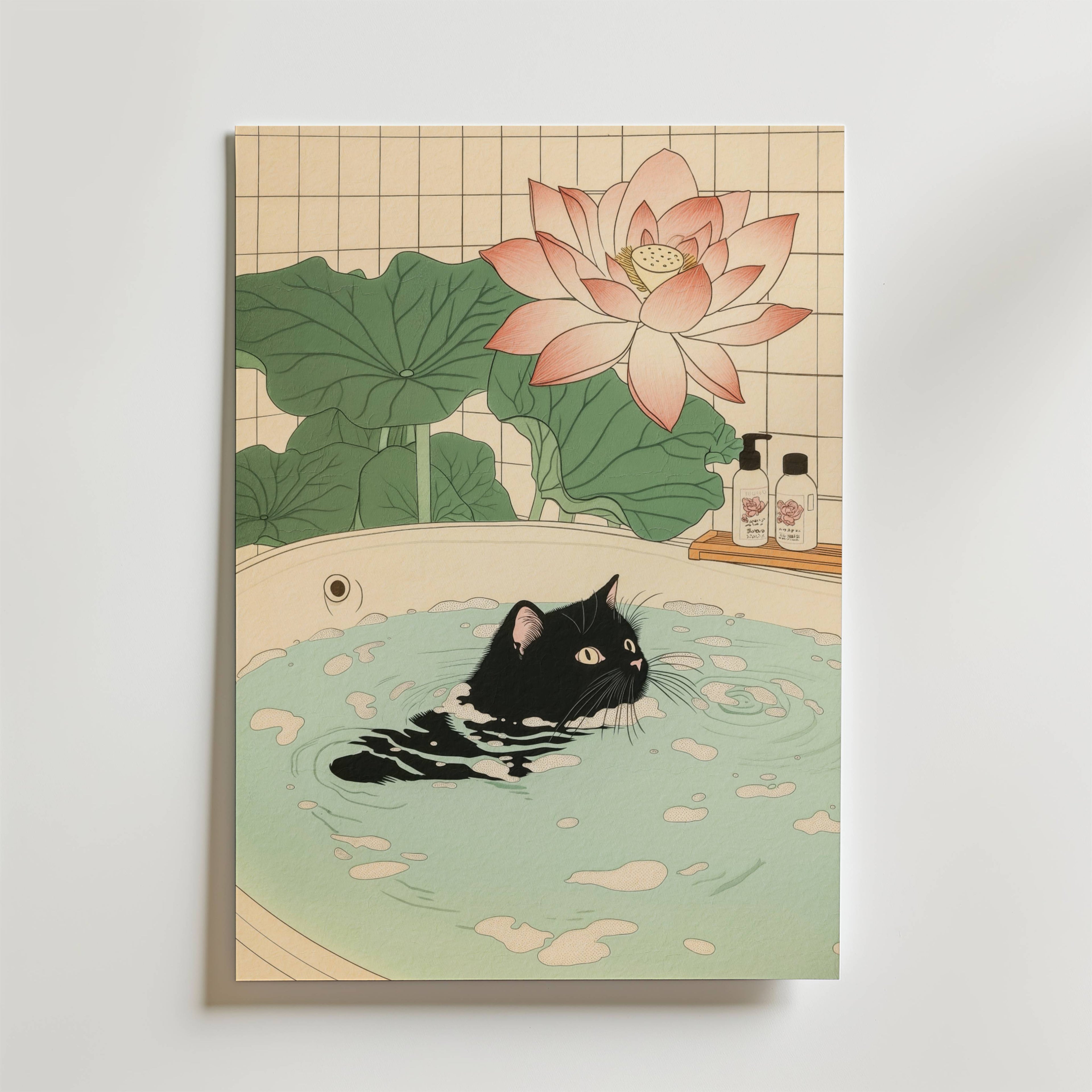 Black Cat In Lotus Bath Poster