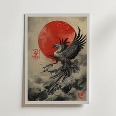 Bozetto Japan Phoenix Poster visar en svart fenixfågel som svävar över vågorna med en röd sol, flygande fåglar och japanska kalligrafistämplar, som symboliserar mytologi och återfödelse på en ljus bakgrund.