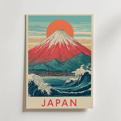 Bozetto Japanese Wave and Mountain Poster föreställer berget Fuji, en röd sol och texten "JAPAN" - perfekt för retroinredning.