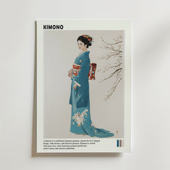 Bozetto Japanese Kimono Poster föreställer en kvinna i en blå blommig kimono bredvid en blommande gren, med titeln "KIMONO" och beskrivande text, vilket ger elegant asiatiskinspirerad konst till ditt rum.