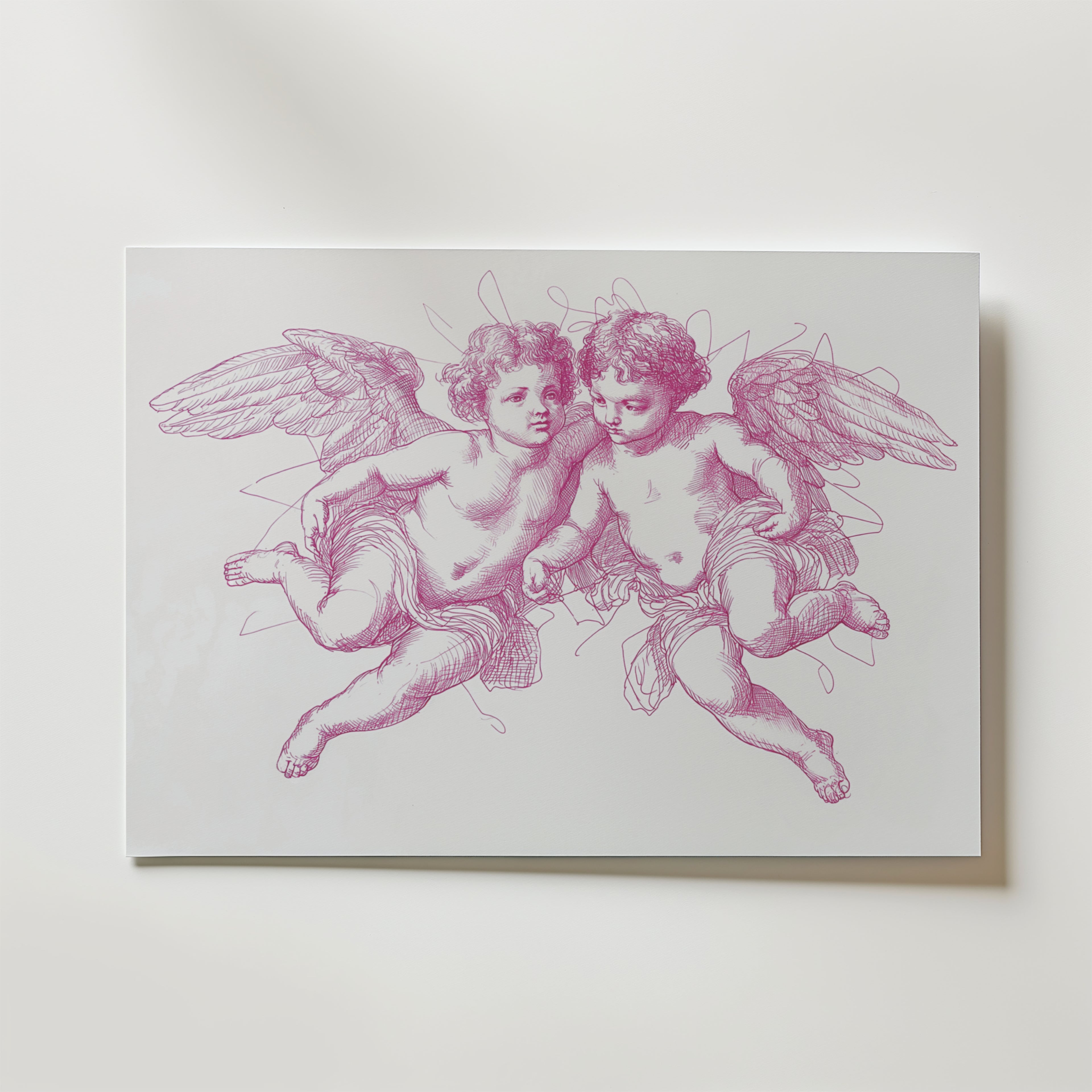 Bozetto Cherub Whisper Poster visar en detaljerad rosa linjeteckning av barockinspirerade keruber med vingar, sittande tillsammans på en vit bakgrund, som uttrycker romantisk konst och klassisk skönhet.