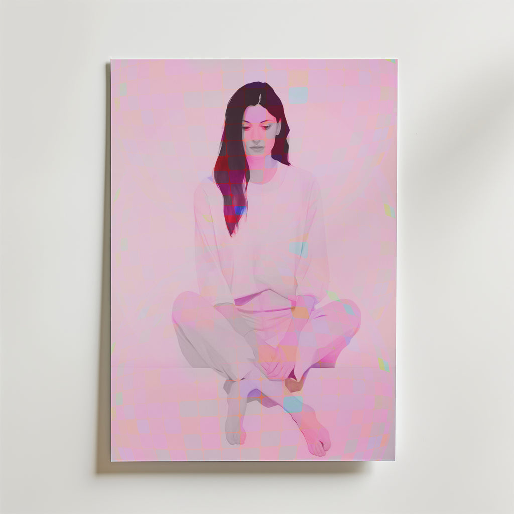 Bozetto Soft Reflection Poster visar en drömsk illustration av en kvinna med långt mörkt hår i ljusa kläder, mot en ljus bakgrund med rosa och blå glitch-effekter - perfekt för fans av minimalistisk konst.