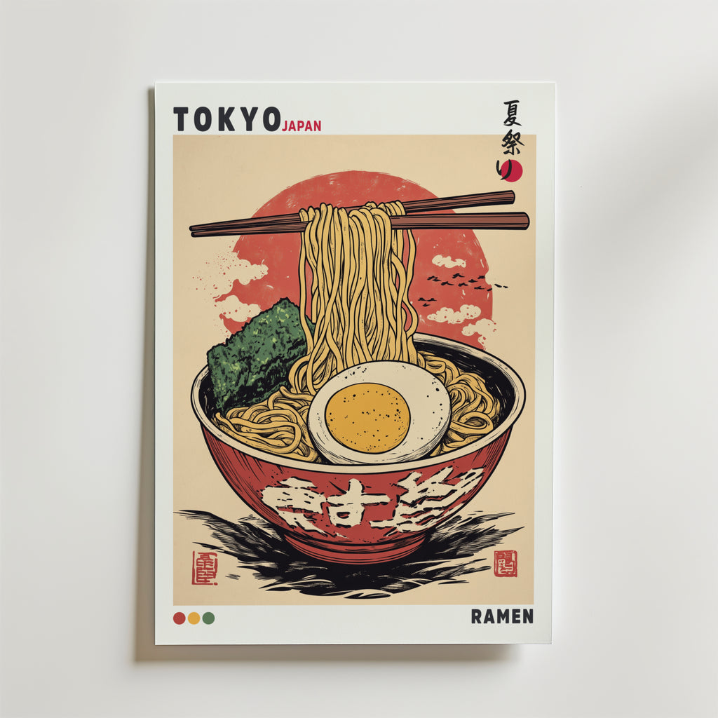 Bozetto Retro Ramen Bowl Poster föreställer en stiliserad skål med nudlar, ägg, tång och ätpinnar framför en röd sol, med texten TOKYO JAPAN på japanska - perfekt för ramenälskare och älskare av japansk matkultur.