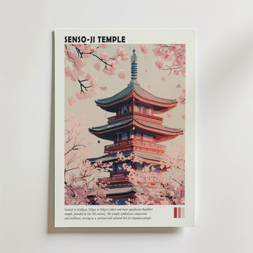Bozetto Tokyo Temple Poster föreställer Senso-ji's pagod bland blommande körsbärsblommor under en ljusrosa himmel, med 