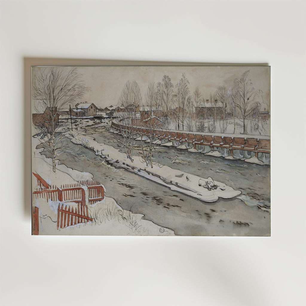 Bozettos affisch "Carl Larsson The Timber Chute" föreställer en lugn och snöig flodlandskap med kala träd och hus som för tankarna till lugna svenska vinterdagar med snötäckta tak under en blek himmel - ett klassiskt vintermotiv.