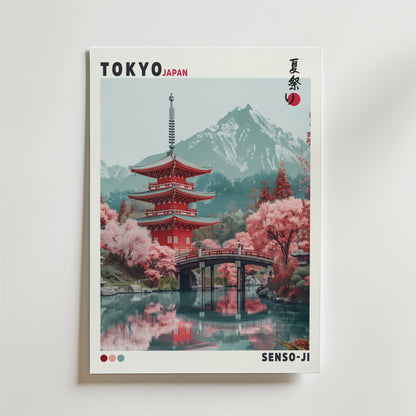 Bozetto Senso-ji Temple Poster fångar japansk elegans och visar Tokyos äldsta tempel mitt i blommande körsbärsblommor.
