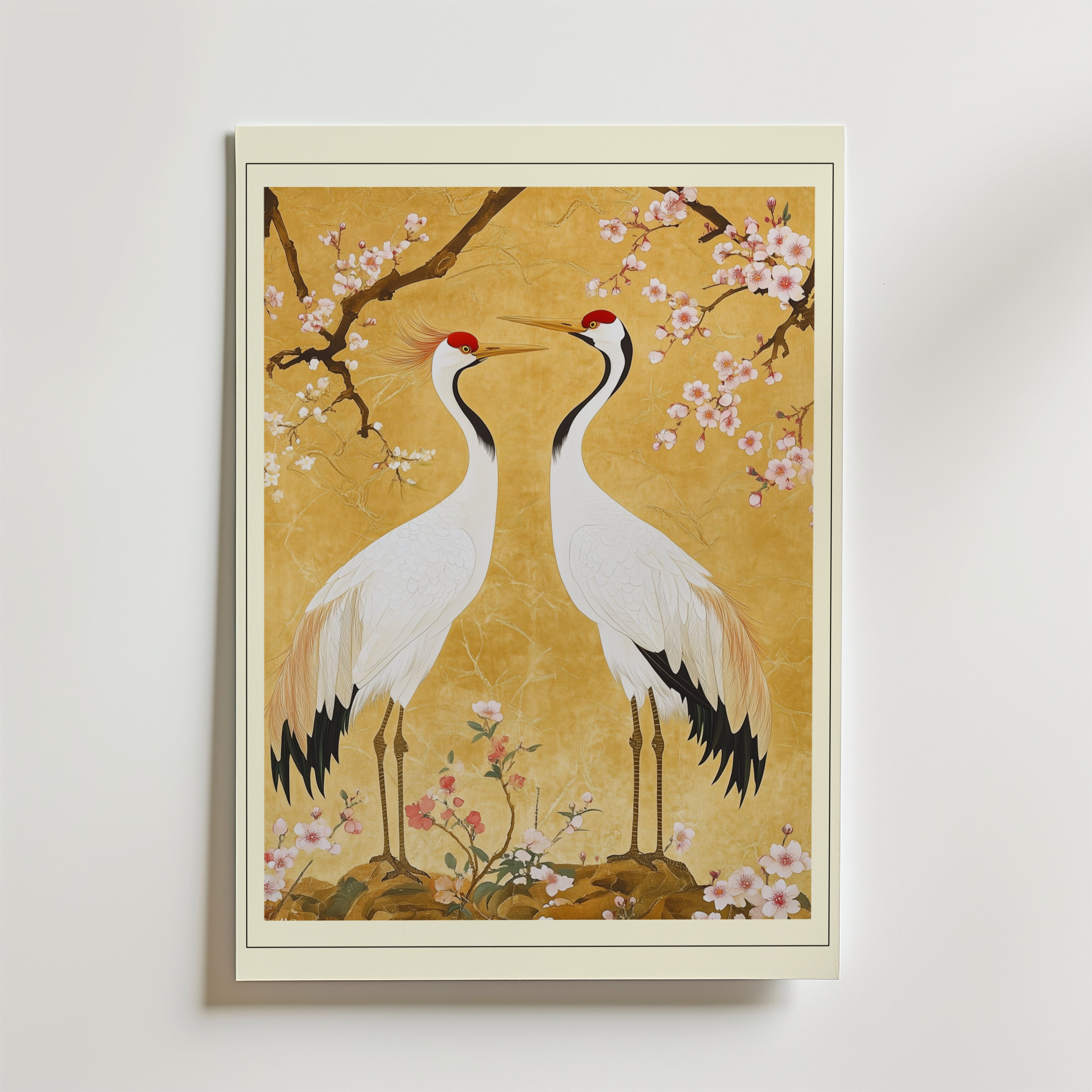 Bozetto Oriental Crane Garden Poster föreställer eleganta tranor med röda kronor bland körsbärsblommor på en guldfärgad bakgrund, som fångar traditionell östasiatisk konst och den lugna skönheten i en japansk trädgård.