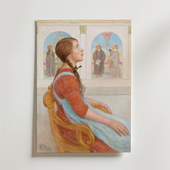 Affischen Bozetto Carl Larsson Uppenbarelse 1917 föreställer en ung kvinna med brun fläta, sittande i profil på en trästol i röd klänning och blått förkläde, som utstrålar lugn bland fresco-bågar, ett eko av Larssons klassiska stil.