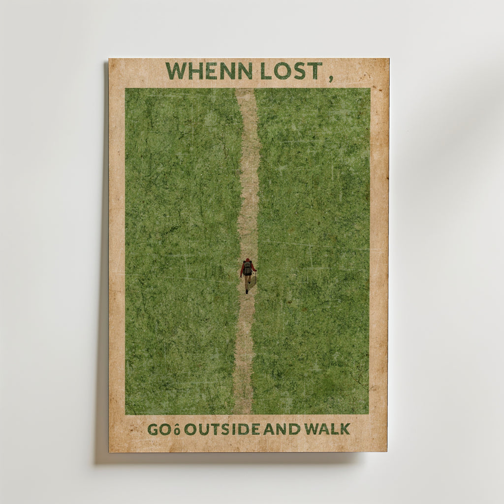 When Lost Walk Poster – fågelperspektiv på vandrare längs smal stig i grönt landskap
