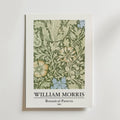 Bozetto William Morris Botanical Pattern Poster visar upp eleganta blad och blommor i ljusblå och gulgröna toner. Texten nedan lyder: WILLIAM MORRIS Botaniskt mönster 1862.