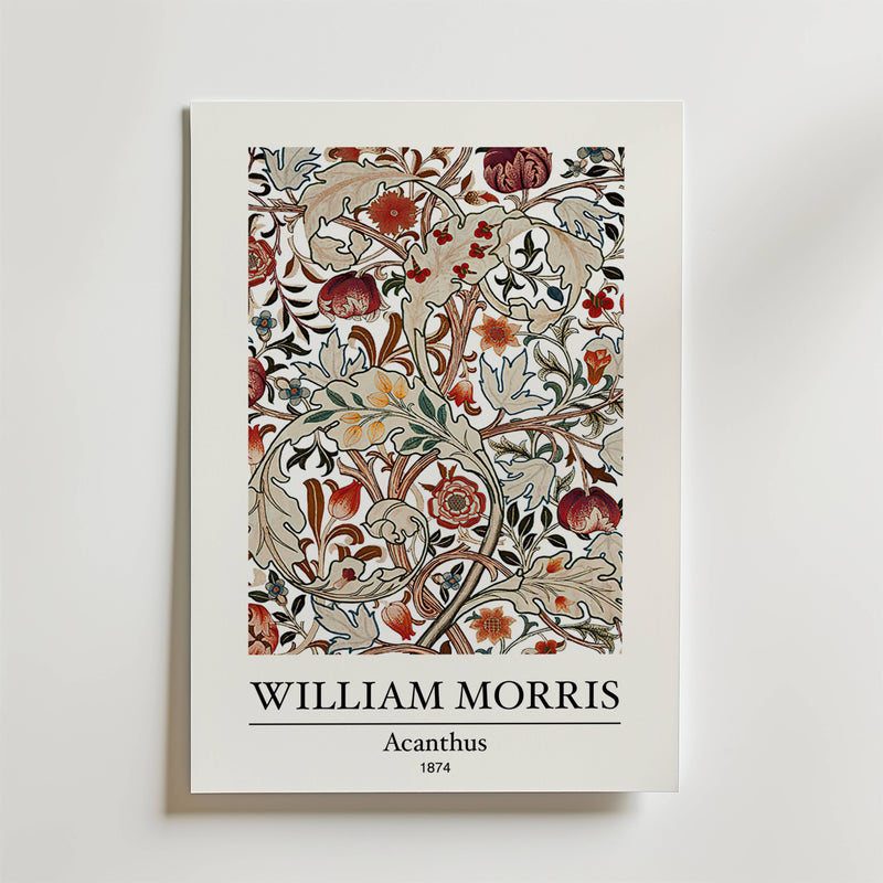 Bozetto William Morris Acanthus Poster visar det ikoniska akantusbladsmönstret från 1874 i jordnära toner på vitt, med titel och konstnär nedan - ett konstverk av tidlös harmoni.