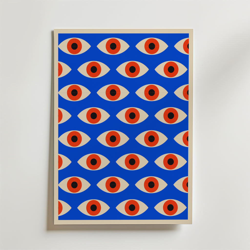 Bozetto Bauhaus Pattern Eyes Poster visar stiliserade ögon med röd iris och svarta pupiller på ljusblå botten och ger en modern känsla till alla rum med sin slående design. Perfekt som inramat grafiskt konstverk för snygg inredning.