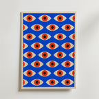 Bozetto Bauhaus Pattern Eyes Poster visar stiliserade ögon med röd iris och svarta pupiller på ljusblå botten och ger en modern känsla till alla rum med sin slående design. Perfekt som inramat grafiskt konstverk för snygg inredning.