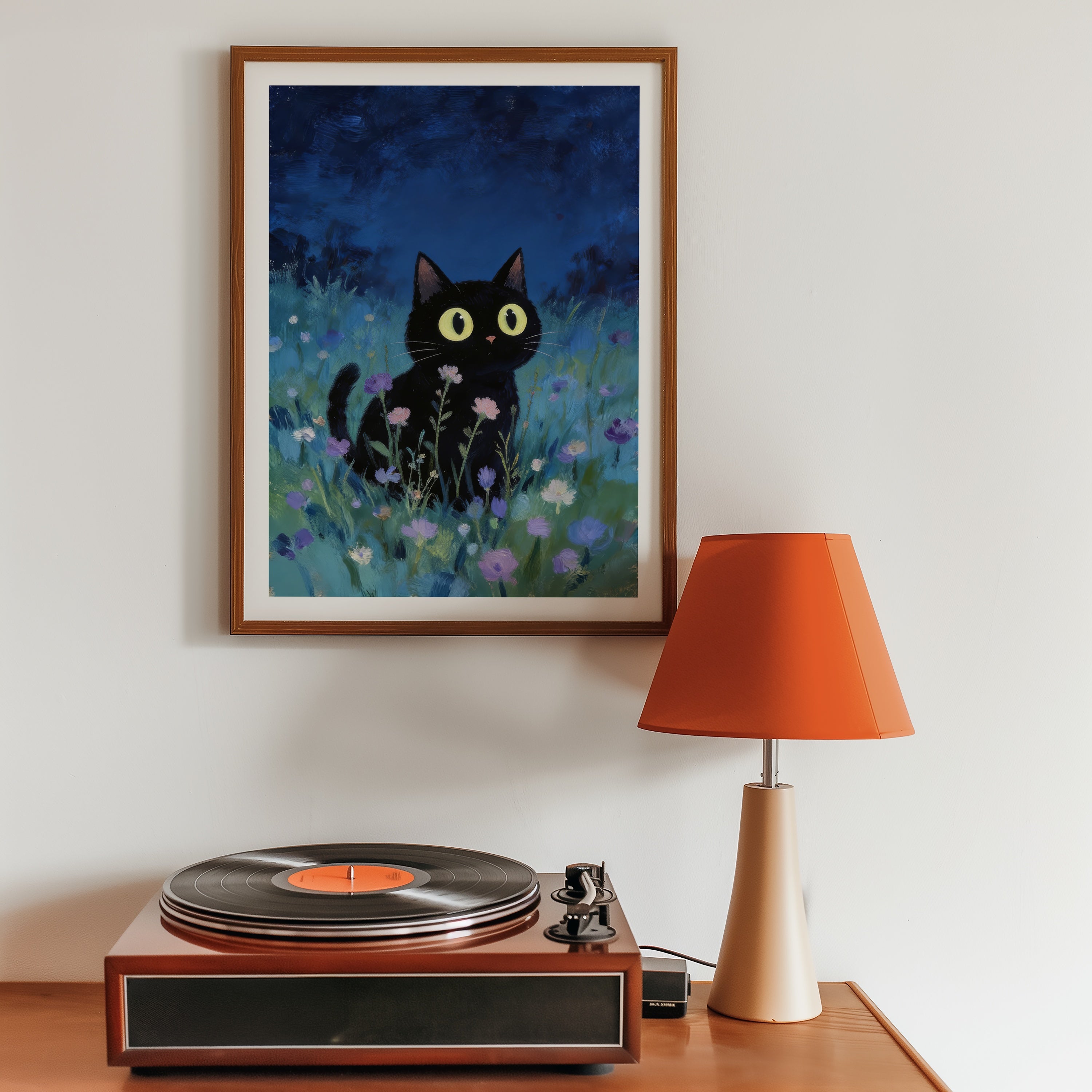 Blue Hour Cat Poster med passepartout, inrett rum – Bozetto