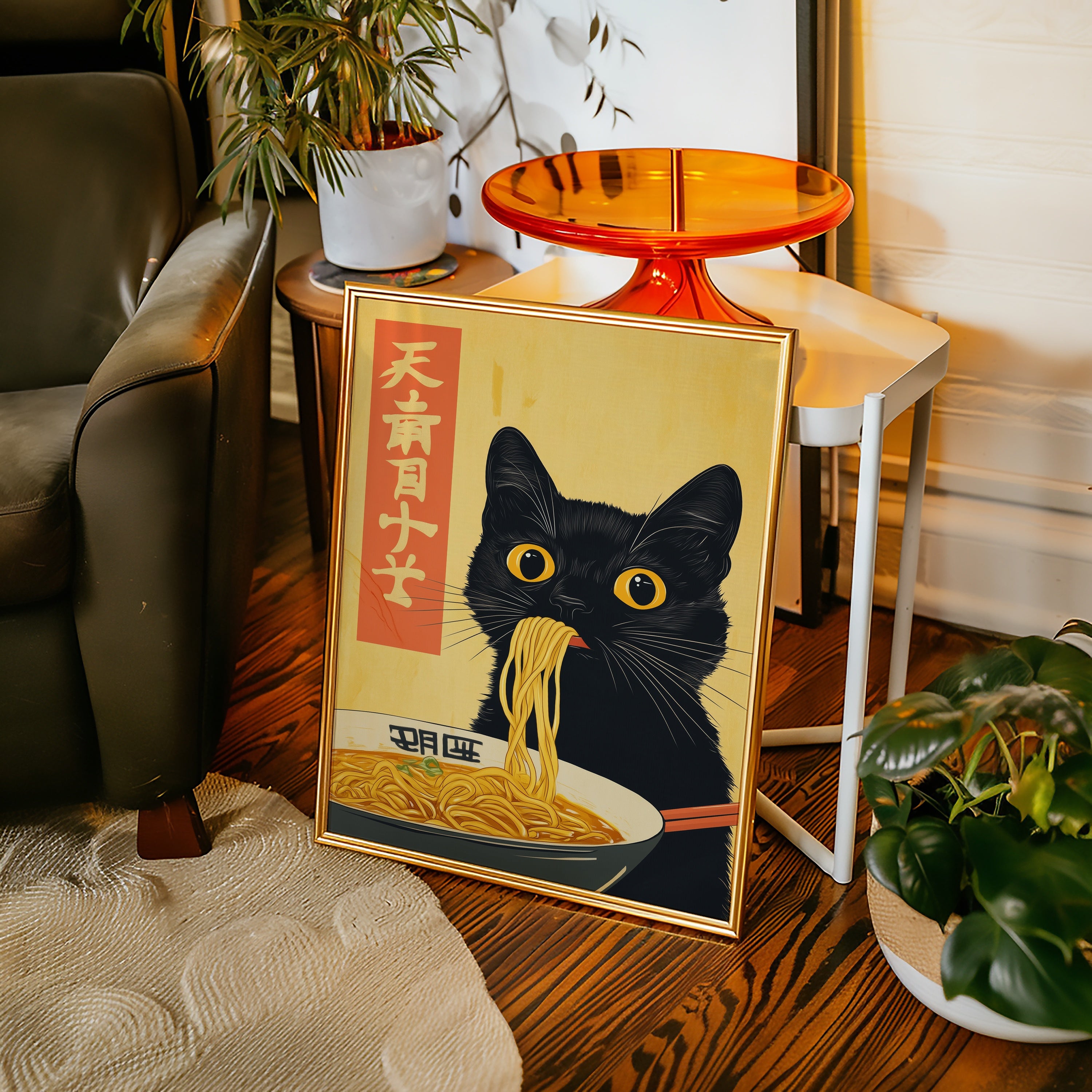 Black Cat Eats Ramen affisch i inrett rum – Bozetto poster i hög tryckkvalitet