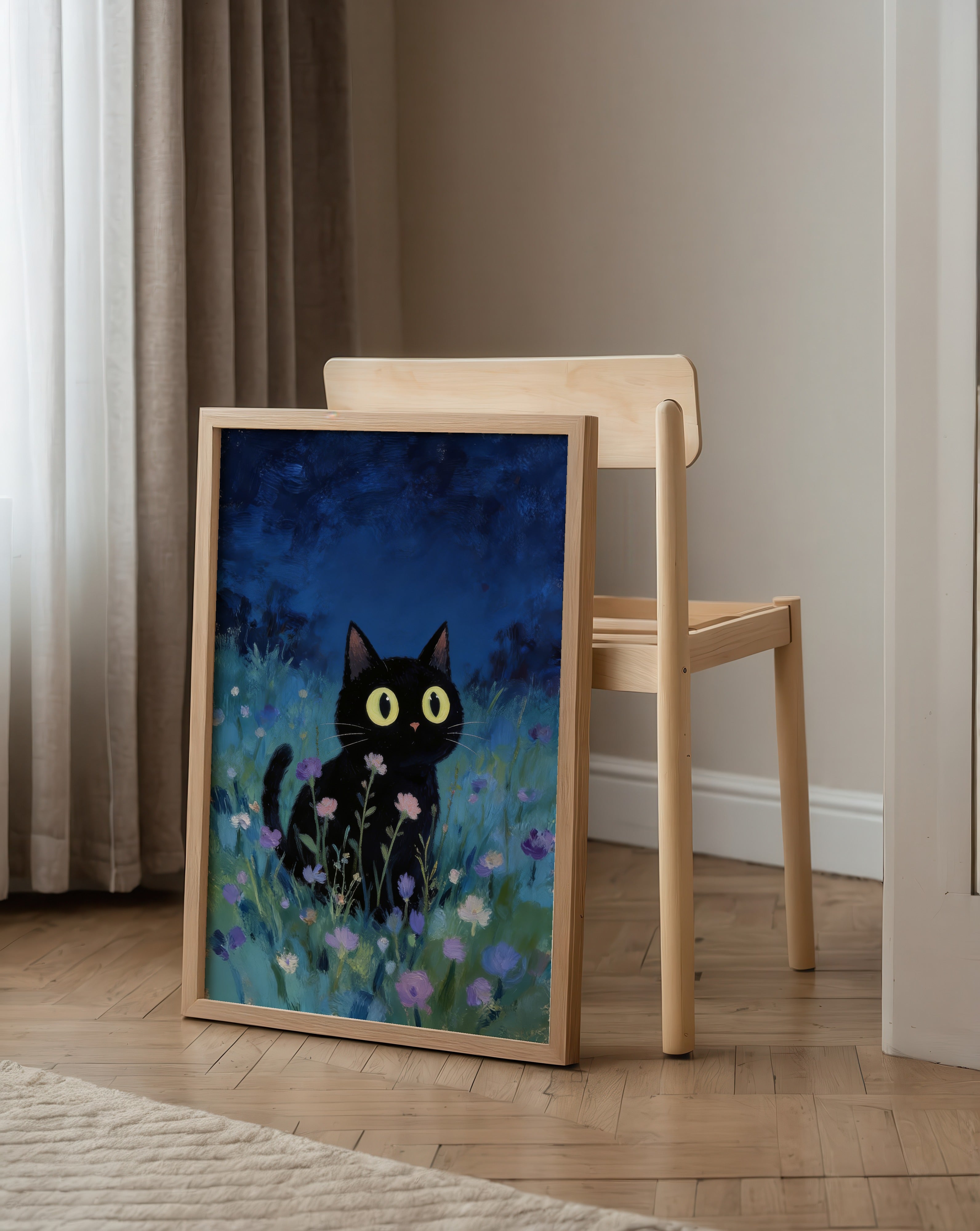 Blue Hour Cat affisch i stilren rumsmiljö utan passepartout – Bozetto konsttryck