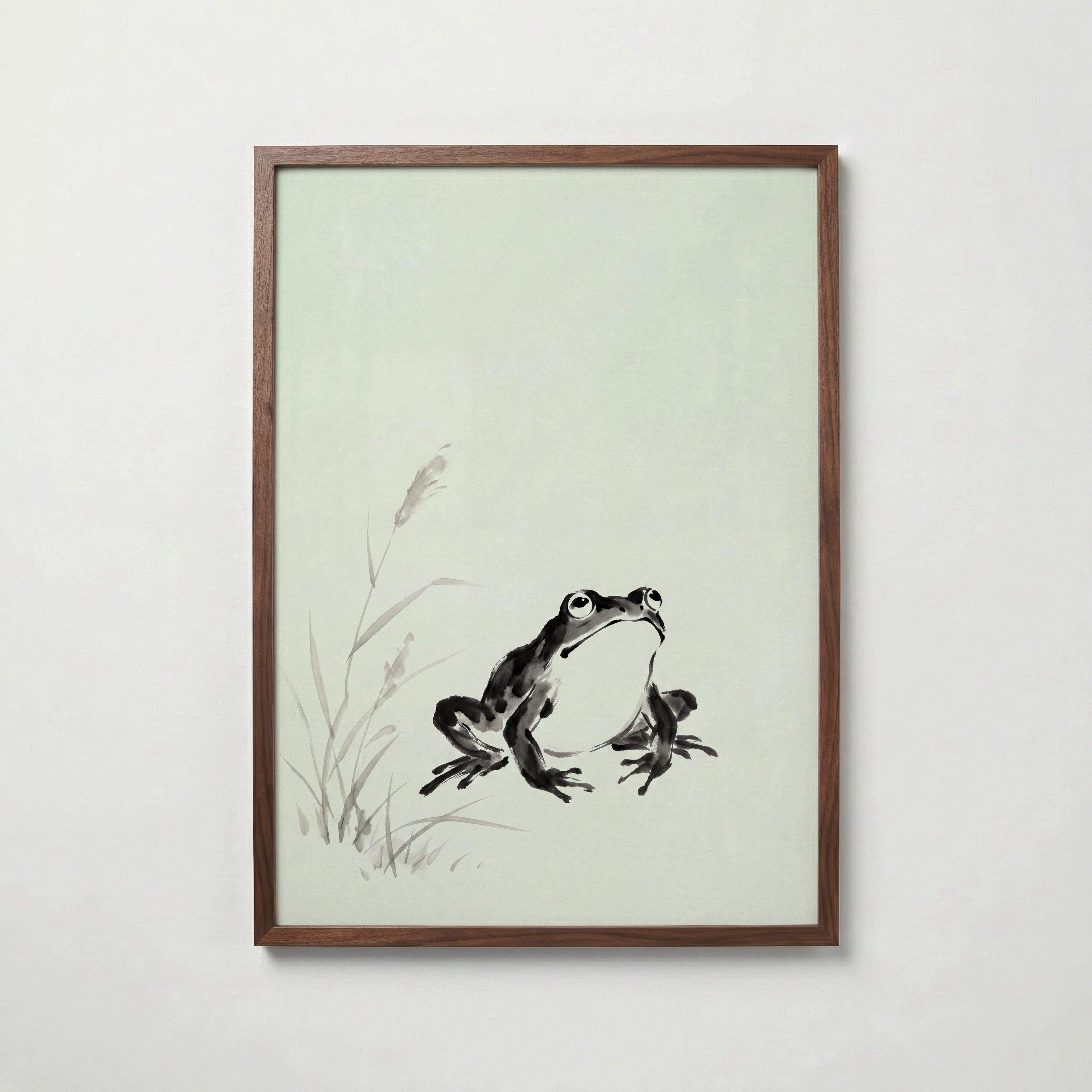 Celadon Frog Poster i valnötsram – japansk grodakonst, fri frakt över 499 kr