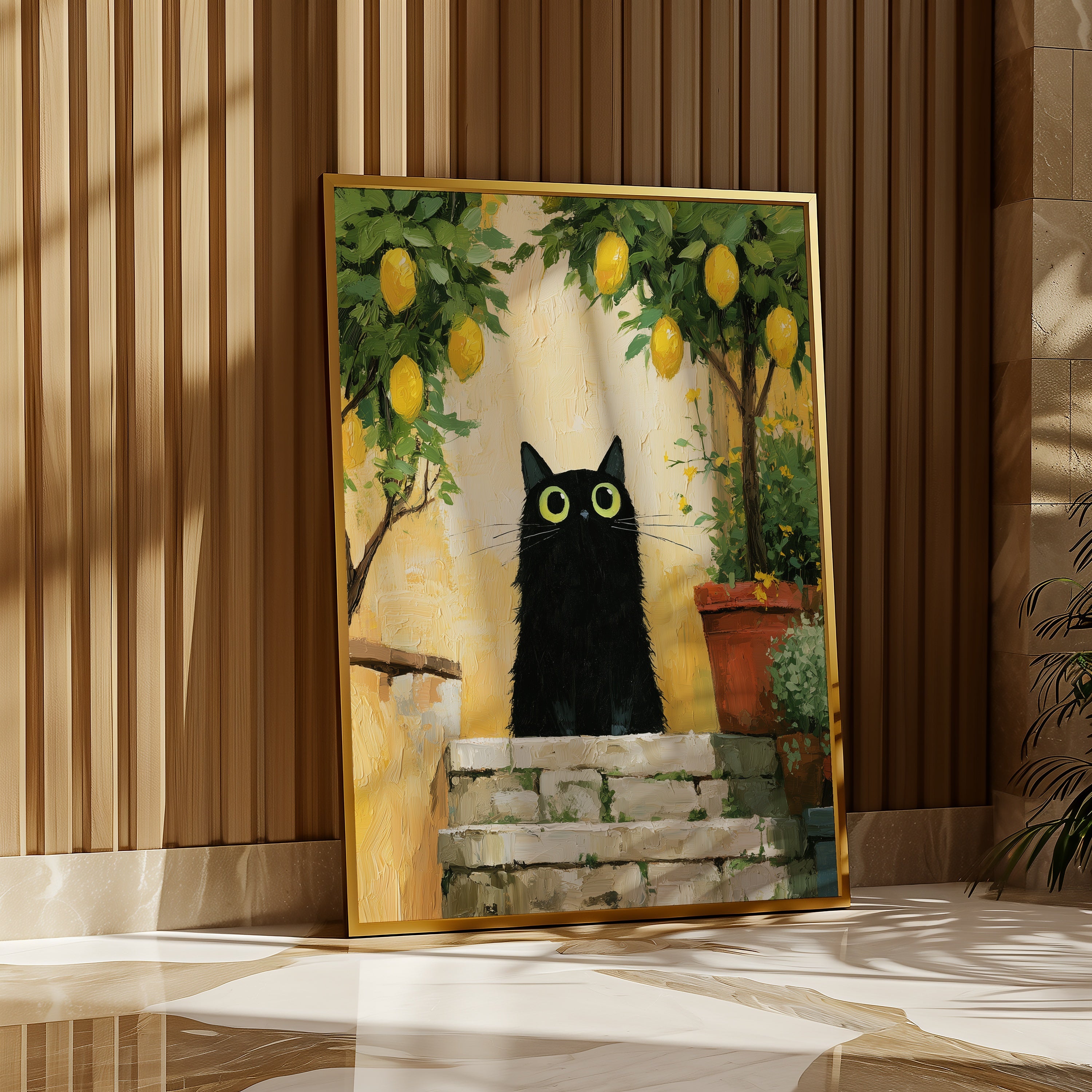 Cat in Lemon Garden Poster i stilren miljö – Bozetto
