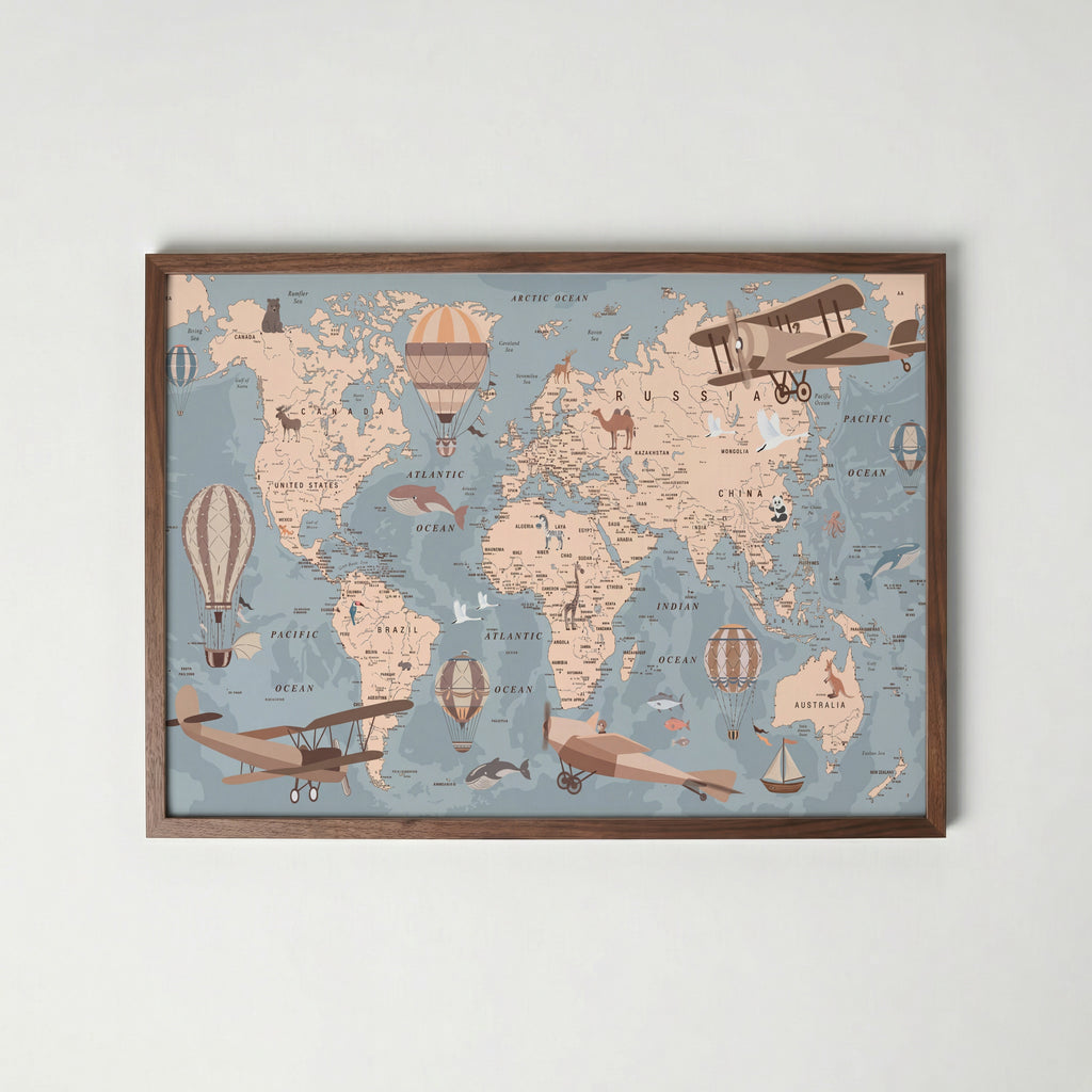 Adventure Map Poster, världskarta för barnrummet i valnötsram, fri frakt över 499 kr hos Bozetto