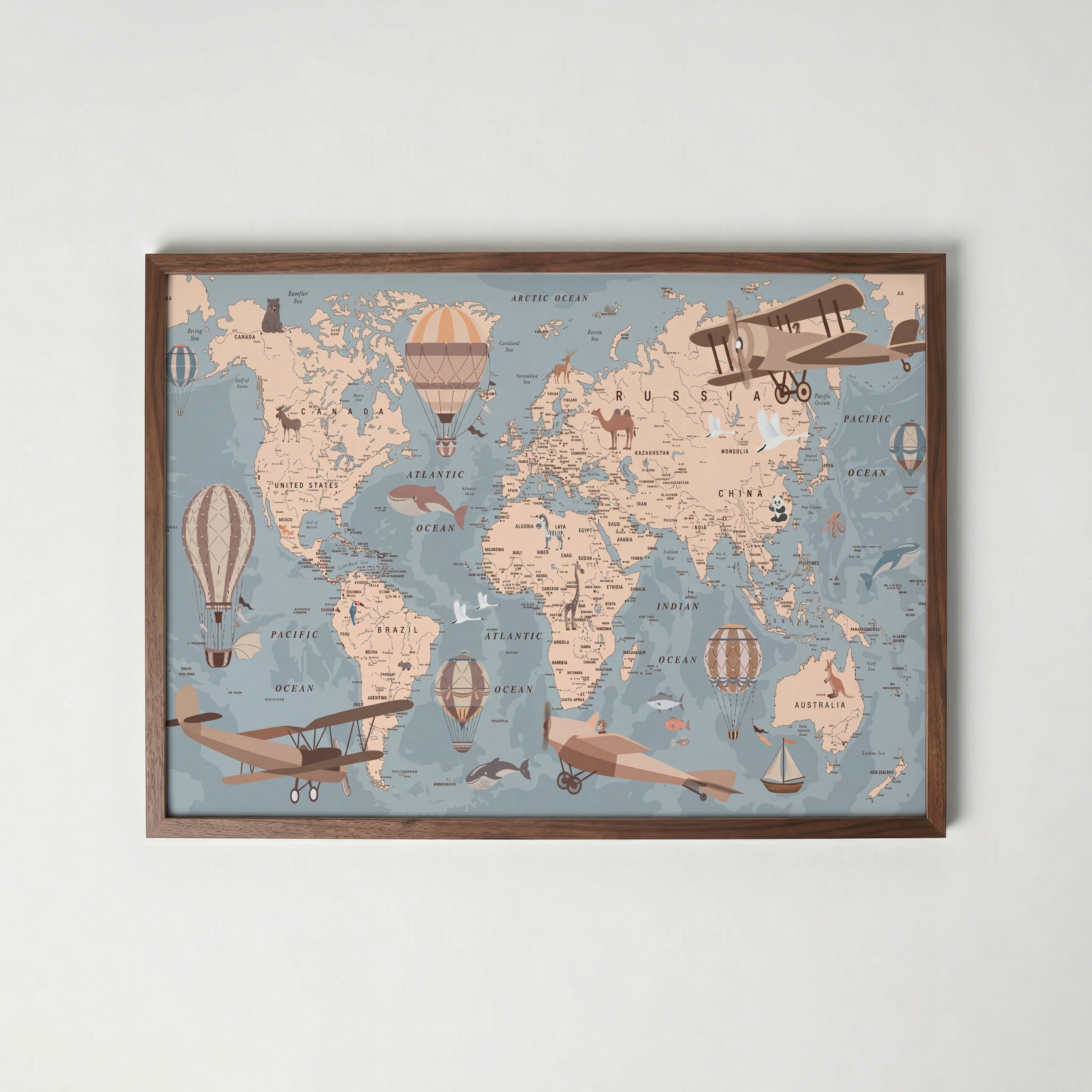 Adventure Map Poster, världskarta för barnrummet i valnötsram, fri frakt över 499 kr hos Bozetto