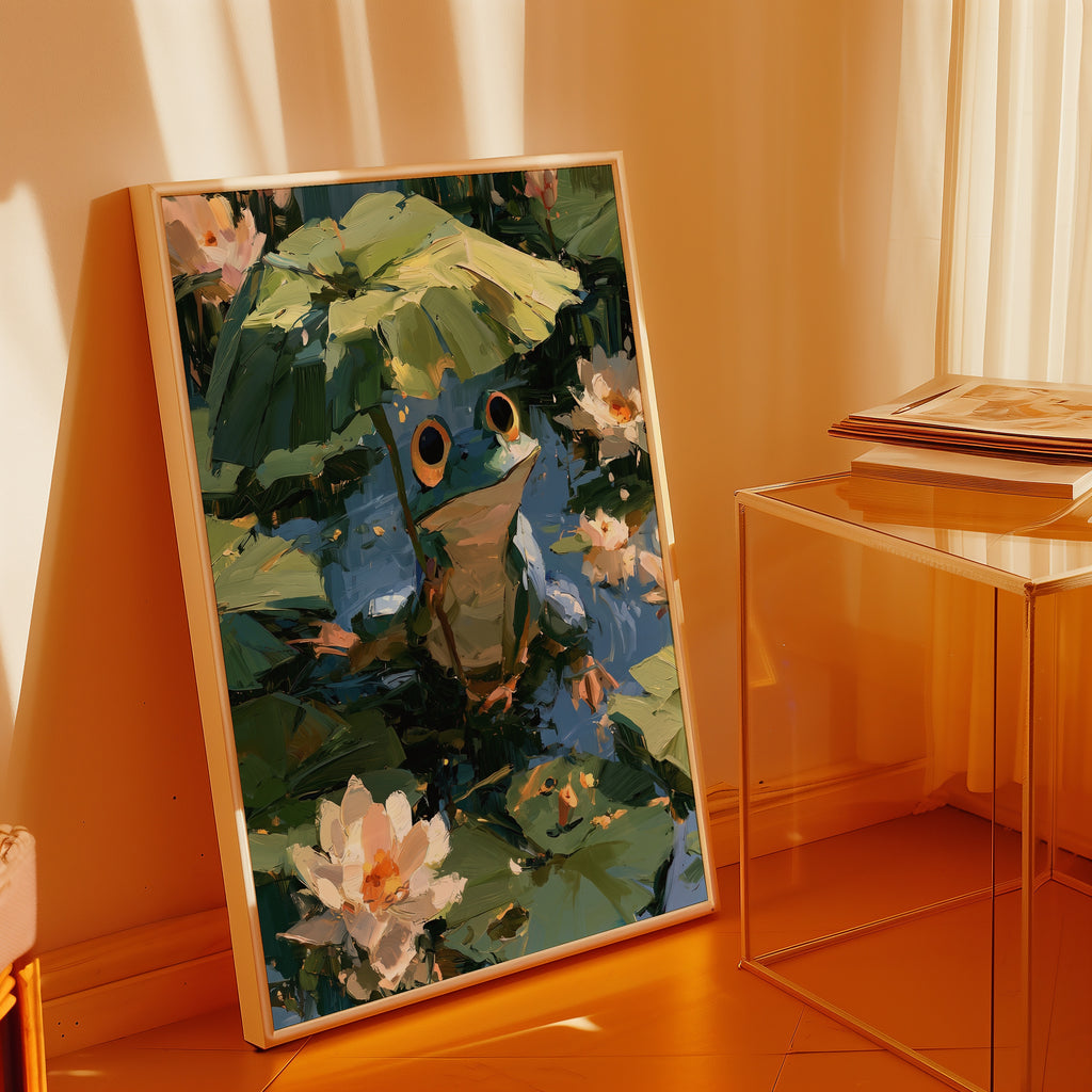 Frog in the Lily Pond Poster i ram på vägg i inrett rum